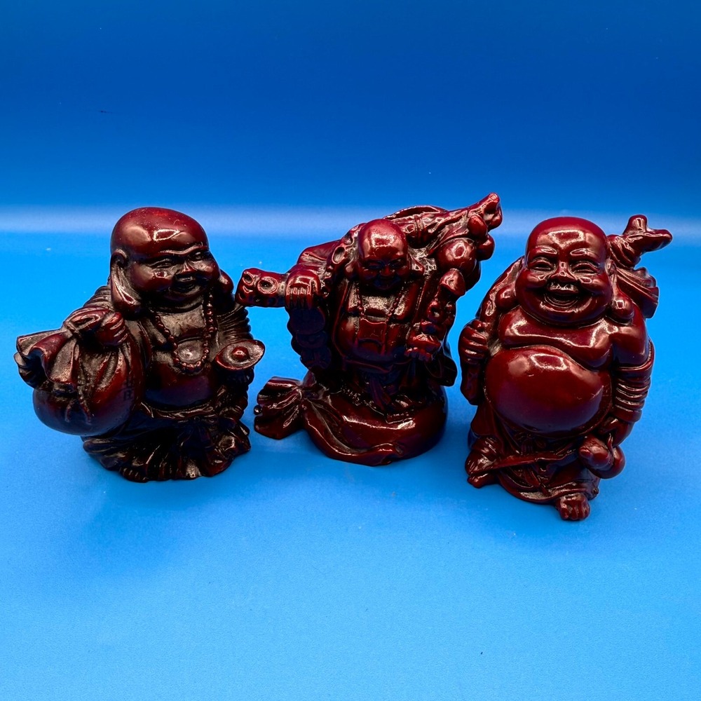 Chinese Red Carved Cinnabar Laughing Buddha Priest Resin Figurines‎ - Set of 3